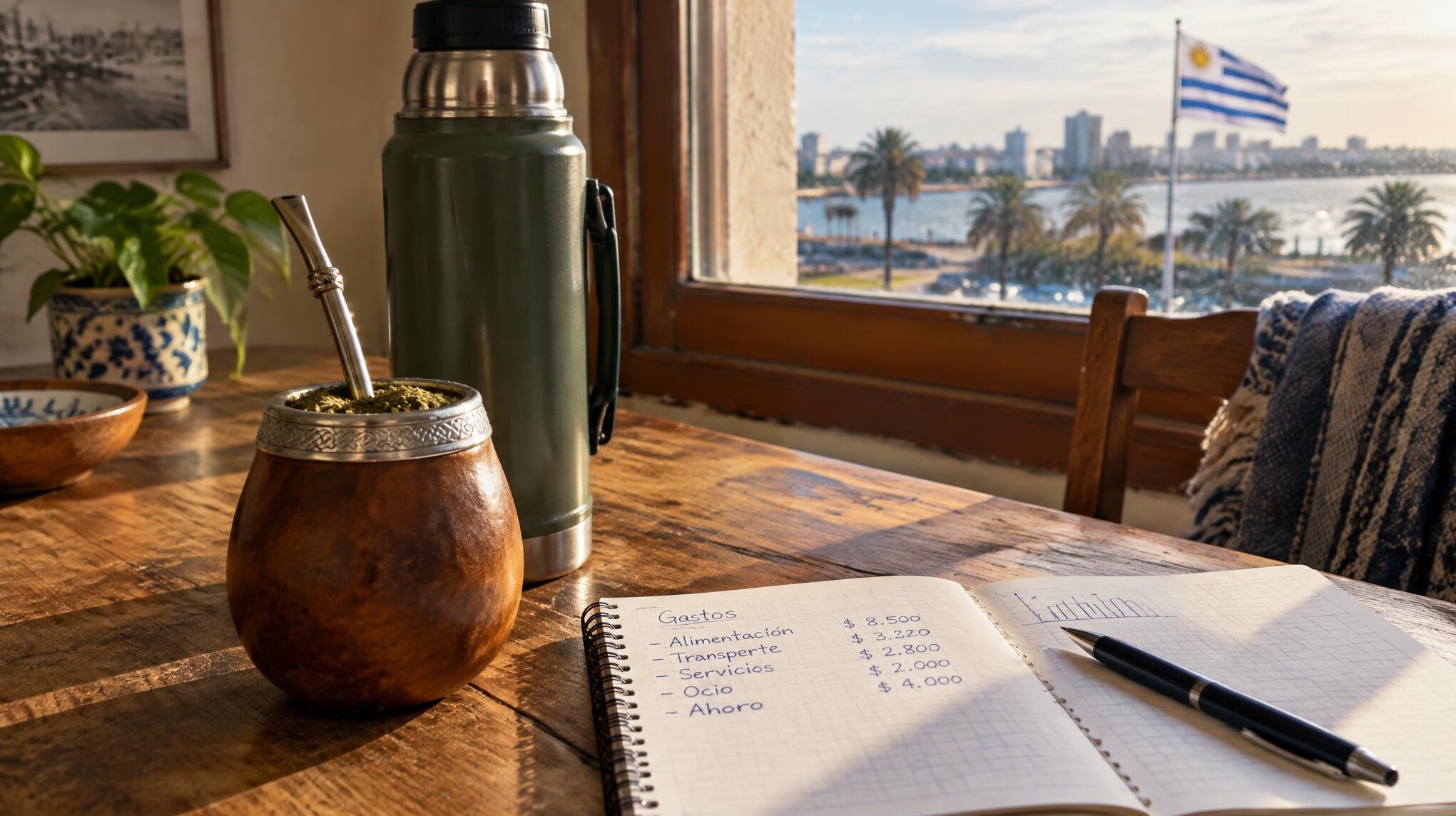Mate gourd and thermos next to a budget notebook on a table