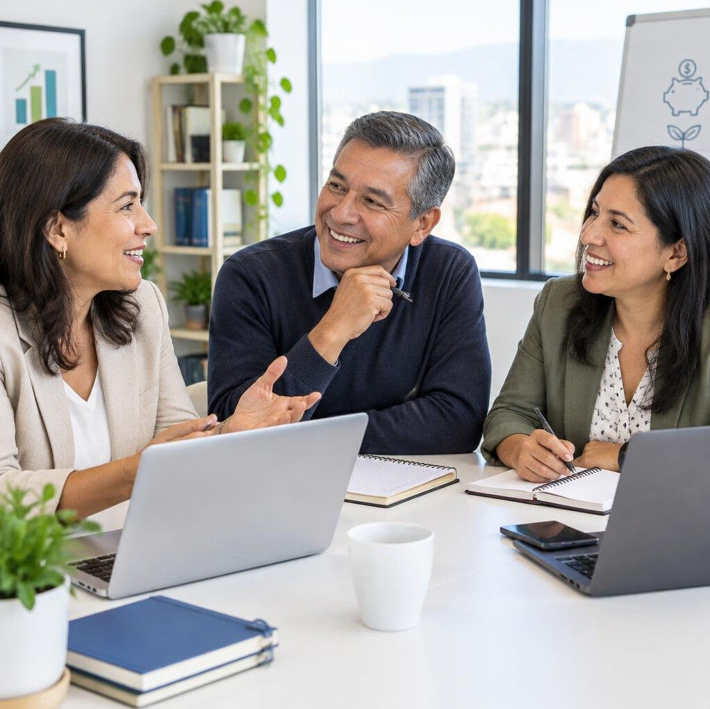 Team of three financial educators talking around a table with notebooks