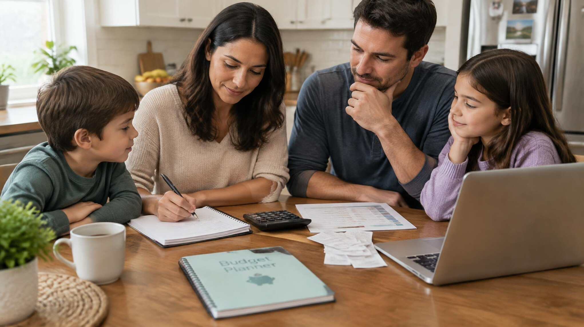 family budgeting at kitchen table
